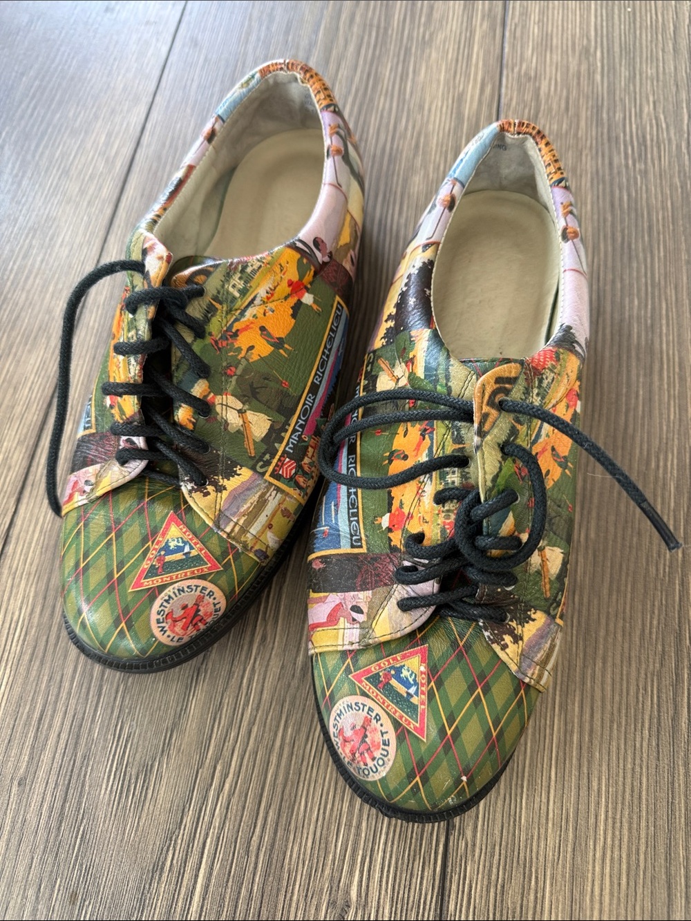 Vintage Golf Hotel Print Leather Oxford Shoes Size 6.6 Colorful Novelty Lace-Up - Picture 2 of 8